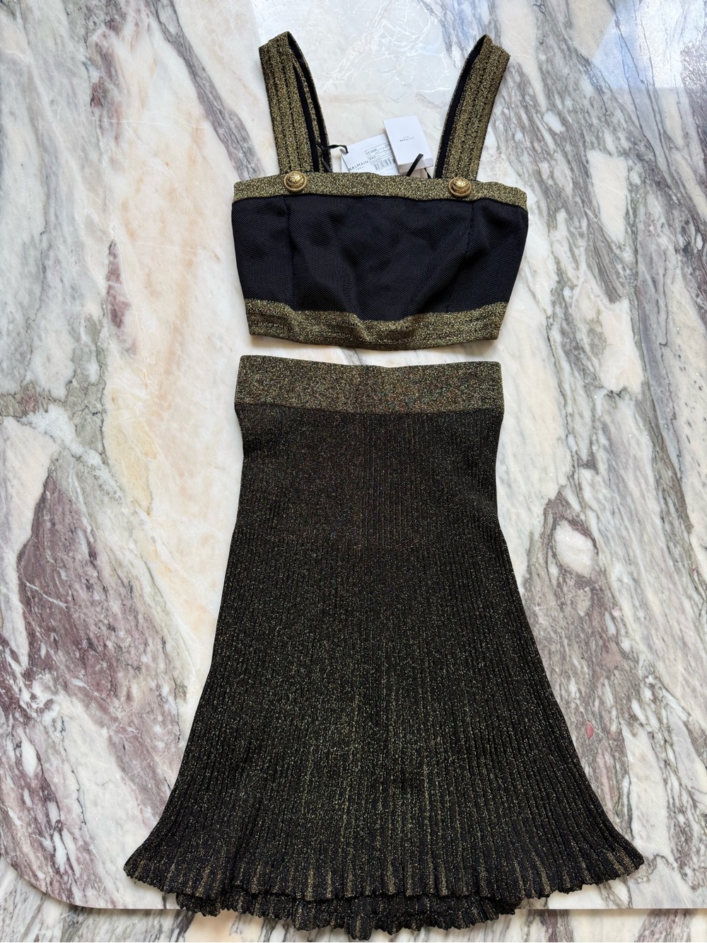 Balmain Metallic Black & Gold Knit Skirt - Women's Sparkle A-Line